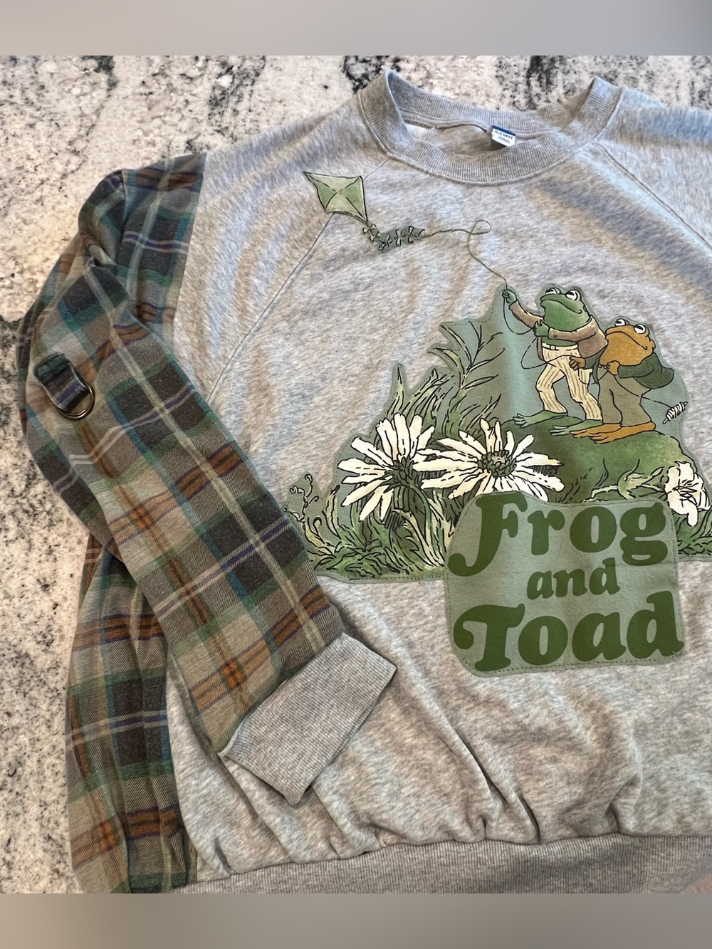 Upcycled 🐸Frog & Toad Graphic Sweatshirt - w Gray with Green Plaid Sleeves